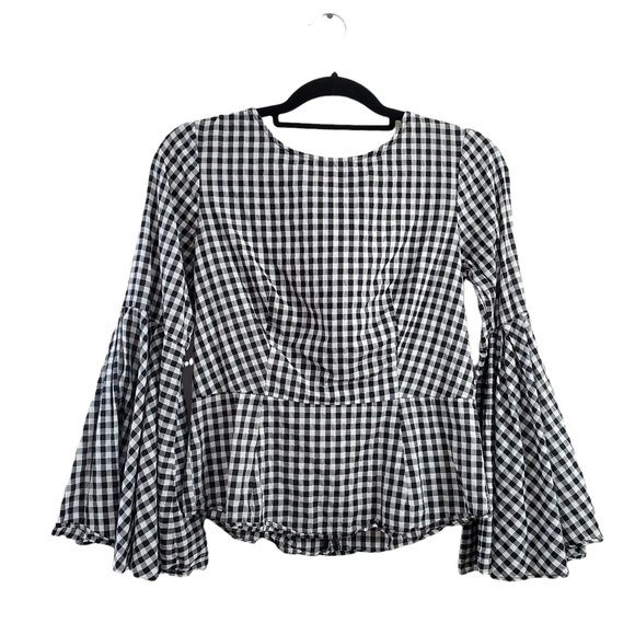 Nanette Lepore Tops - Nanette Lepore Buffalo Gingham Check Bell Sleeve Peplum Blouse Tie Back S